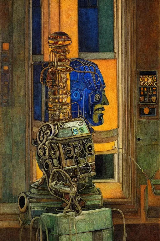 Prompt: the robot wearing his electric crown stands by the window at midnight , by Annie Swynnerton and Diego Rivera and Elihu Vedder, symbolist, dramatic lighting, elaborate geometric ornament, Art Brut, soft blues and greens,smooth, sharp focus, extremely detailed, Adolf Wölfli and Evelyn De Morgan