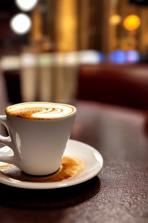 Prompt: realistic detailed photo of a steaming cup of cappuccino on a saucer with a flaky pastry on the side and a coffee spoon on the table, hotel lobby in the background, hdr, isometric perspective, volumetric lighting, dim light, diffuse light, depth of field