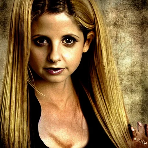 Image similar to sarah michelle gellar, buffy the vampire slayer digital art, studio photography