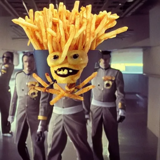 Image similar to Monsters made of French Fries fighting Star Fleet Officers in the mess, film still from the movie directed by Denis Villeneuve with art direction by Salvador Dalí,