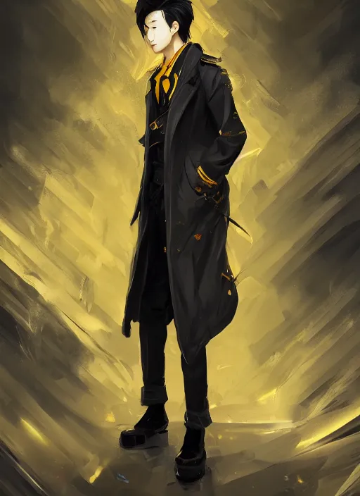 Prompt: a highly detailed illustration of young attractive japanese guy wearing black detective coat, yellow eyes, dramatic standing pose, hyperdetailed perfect face, intricate, elegant, highly detailed, centered, digital painting, artstation, concept art, smooth, sharp focus, league of legends concept art, wlop.