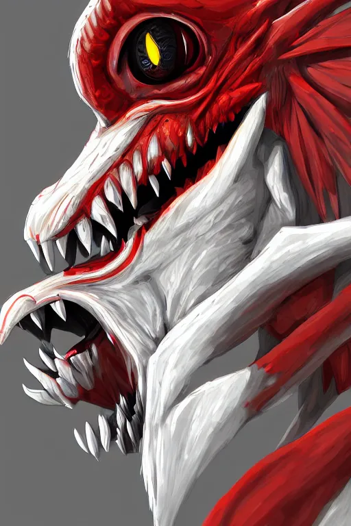 Prompt: a white raptor with red eyes, highly detailed, digital art, sharp focus, trending on art station, anime art style