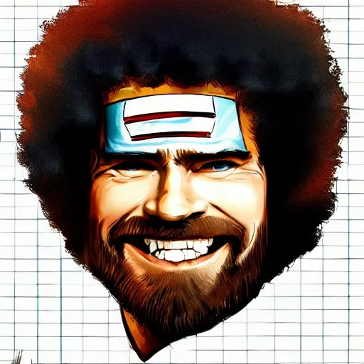 Prompt: Bob Ross smiling as captain america, digital art, concept art, sunset sky in the background, symmetrical, highly detailed, high quality, concept art, Deviant Art