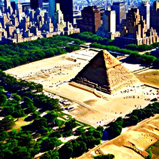 Prompt: giza pyramids in central park new york aerial footage s - log low contrast grading