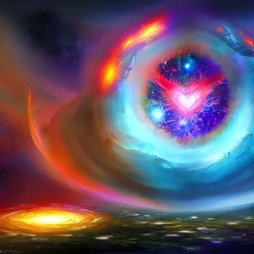 Prompt: concept art for the entire universe uniting again into perfect love and pure consciousness, reversing the big bang!! final victory of order over disorder!! final defeat of entropy! end of time, galactic scale!! digital painting, artstation, smooth, sharp focus