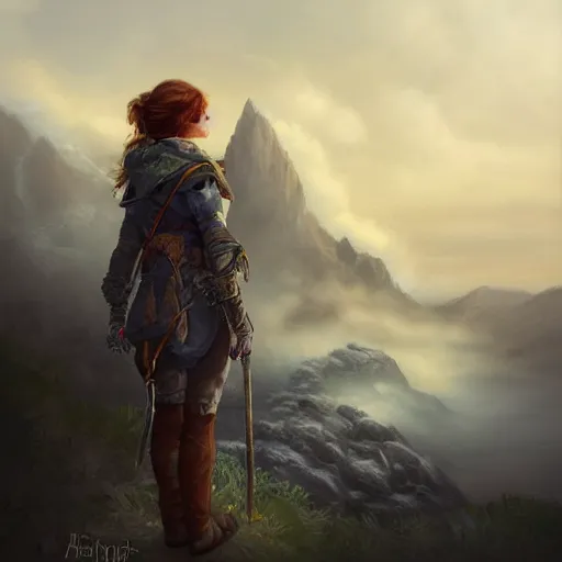 Prompt: highly detailed beautiful digital portrait painting of an adventurer woman facing away from the camera, looking at cliffs and mountains in the distant fog, trending on artstation, cgsociety