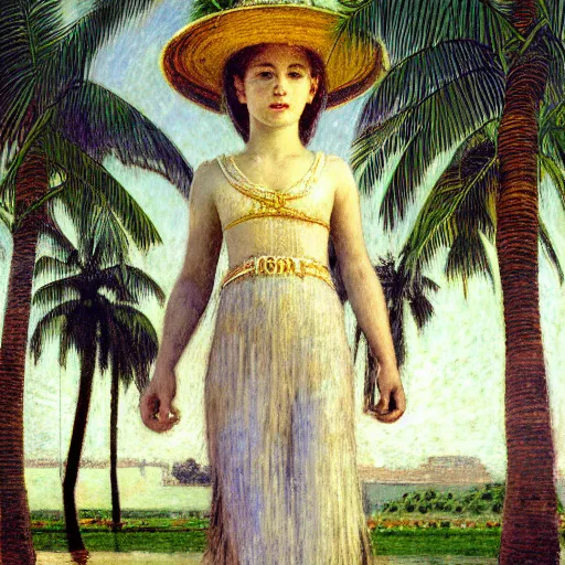 Image similar to a ultradetailed beautiful bitmap of the moon girl on the amazonas palace by jules bastien - lepage, hans belmer, frank weston and gustave baumann, trending on artstation, mediterranean, palm trees, light sparkles, sharp focus, soft light, 8 k 4 k