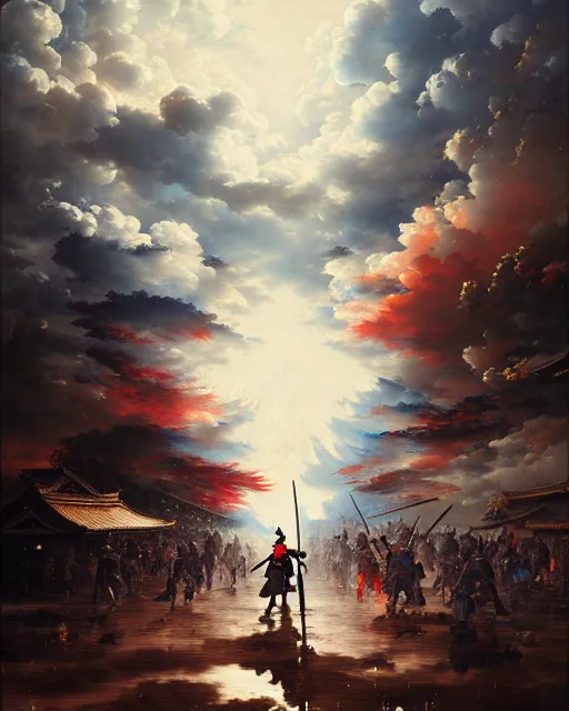 Image similar to baroque oil painting of key visual great samurai war, many warriors, rain, storm, final fantasy, fake detail, trending pixiv fanbox, acrylic palette knife, style of makoto shinkai takashi takeuchi yoshiyuki sadamoto greg rutkowski chiho aoshima