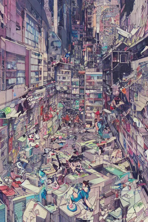 Prompt: people in a busy city people looking at a white building covered with graffiti paint dripping down to the floor, professional illustration by james jean, painterly, yoshitaka amano, hiroshi yoshida, moebius, loish, painterly, and artgerm, illustration