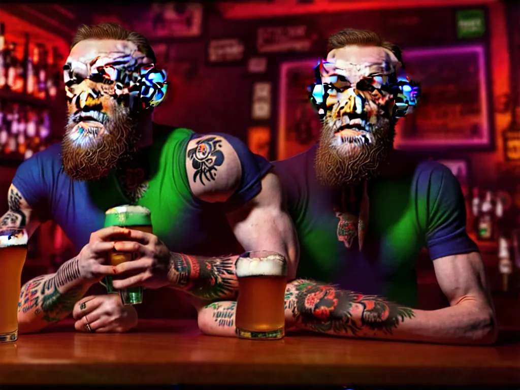 Image similar to a well framed portrait of conor mcgregor drinking a beer in an irish pub with a neon bar, laser lighting, trending on art station, in the style of the movie heat with al pacino, volumetric lighting & shadows, hyper detailed, digital art, unreal engine, 4 0 0 mm f 1. 8,