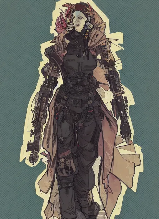 Prompt: cyberpunk fashion designer. portrait by ashley wood and alphonse mucha and laurie greasley and josan gonzalez and james gurney. spliner cell, apex legends, rb 6 s, hl 2, d & d, cyberpunk 2 0 7 7. realistic face. vivid color. dystopian setting.