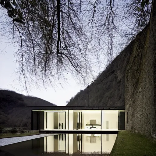 Image similar to a house by the river rhein designed by peter zumthor