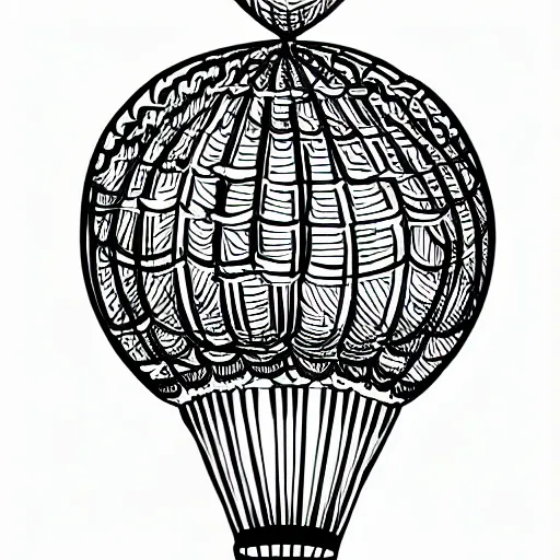 Prompt: a victorian air balloon in the clouds, sticker illustration by joe fenton , black and white, line art, intricate details