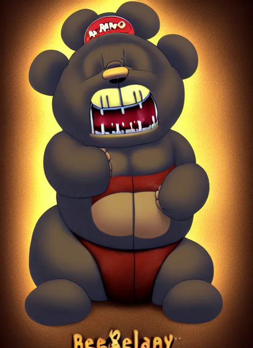 Prompt: 8 k つくしあきひ bear man chubby sumo wrestler anthro, grey fur, disney country bears face and muzzle animatronic bloody sharp teeth horror butcher, meat, cute, seductive wide pete disney wearing overalls flannel posing seductive, sitting in bioluminescent, bara, style in akihito tsukashi