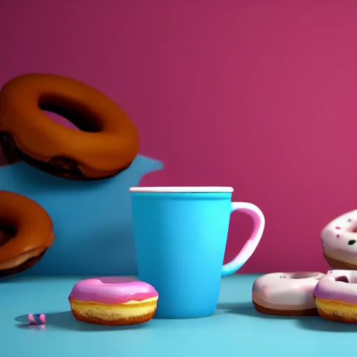 Prompt: pink coffee cup full of donuts, blue pig sitting in chair, ultra realistic, 8 k