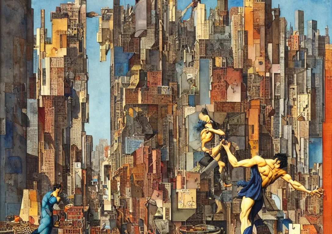 Prompt: watercolor of a punk latino greek god searching through the streets of a glass and steel metropolis, sparse detail, saturated color scheme, by thomas blackshear, victor brauner and moebius