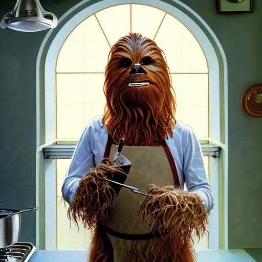 Prompt: portrait of chewbacca wearing an apron making pancakes in a 1 9 7 0 s kitchen, intricate, headshot, highly detailed, digital painting, artstation, concept art, sharp focus, cinematic lighting, illustration, art by artgerm and greg rutkowski, alphonse mucha, cgsociety