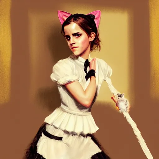 Prompt: detailed painting of emma watson wearing a cat maid outfit, 8 k, by greg rutkowski, artgerm, global illumination