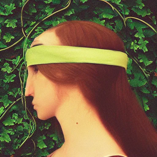 Prompt: “side profile of young woman blindfolded by vines”