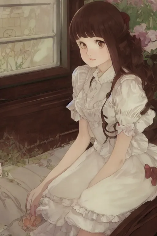 Image similar to a young lolita dressed girl in a maid's outfit in the bedroom typing front the notebook a night, raining outside the window, wavy white long hair, by krenz cushart and mucha and akihito yoshida and makoto shinkai and greg rutkowski, 4 k resolution