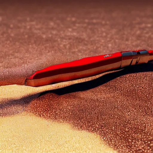 Image similar to a closeup photorealistic photograph of a red knife on the beach halfway covered with sand, fantastic four theme. bright scene. fine detail. this 4 k hd image is trending on artstation, featured on behance, well - rendered, extra crisp, features intricate detail, epic composition and the style of unreal engine.