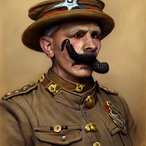 Prompt: old snake with big mustache dressed as a antropormophhic snake veteran colonel of the first world war german army, a snake as a human, highly detailed painting by gaston bussiere, craig mullins, j. c. leyendecker