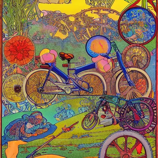 Image similar to hoffman bicycle trip, blotter art, in the style of robert crumb and lisa frank, studio ghibli, mucha, art nuevo, art deco, beautiful nature, serenity, cartoon