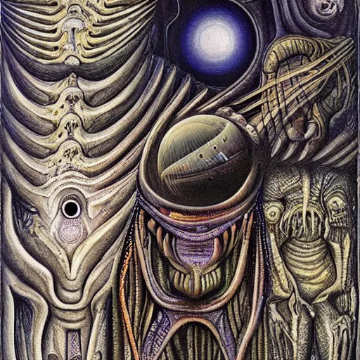 Prompt: Liminal space in outer space by H. R. Giger colorized