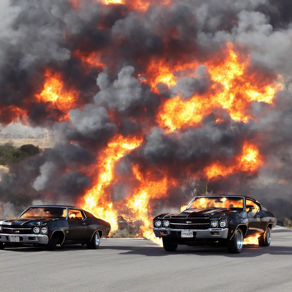 Image similar to a black 1 9 7 0 chevrolet chevelle ss driving i high speed, fire explosion in the background, action scen