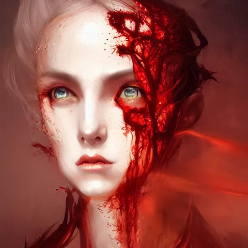 Prompt: portrait of burning woman, fire, blood red eyes, open mouth, vampire fangs, fantasy, intricate, elegant, highly detailed, digital painting, artstation, concept art, matte, sharp focus, illustration, octane render, unreal engine, art by aenaluck and roberto ferri and greg rutkowski, epic fantasy, digital painting