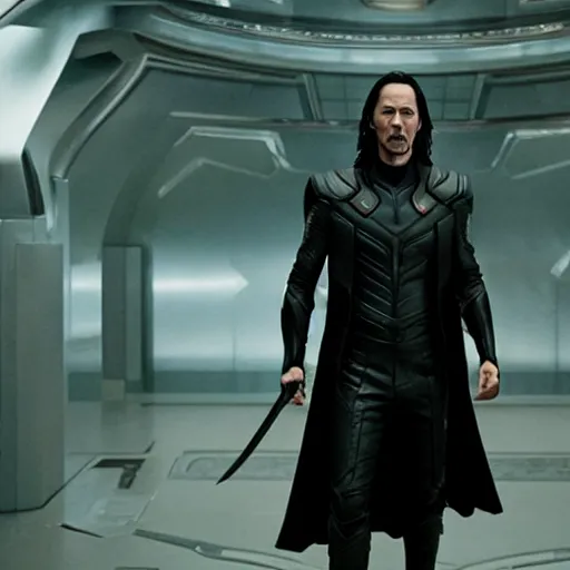 Prompt: film still of Keanu Reeves as Loki in Avengers Endgame, standing with scepter