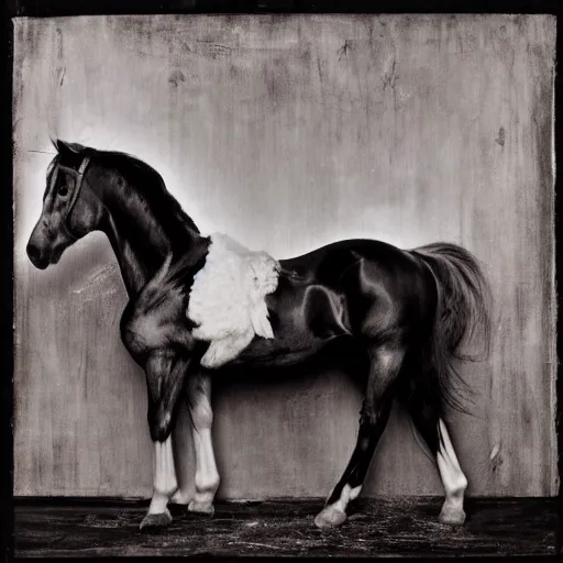 Prompt: my little pony , black and white photo by Joel Peter Witkin