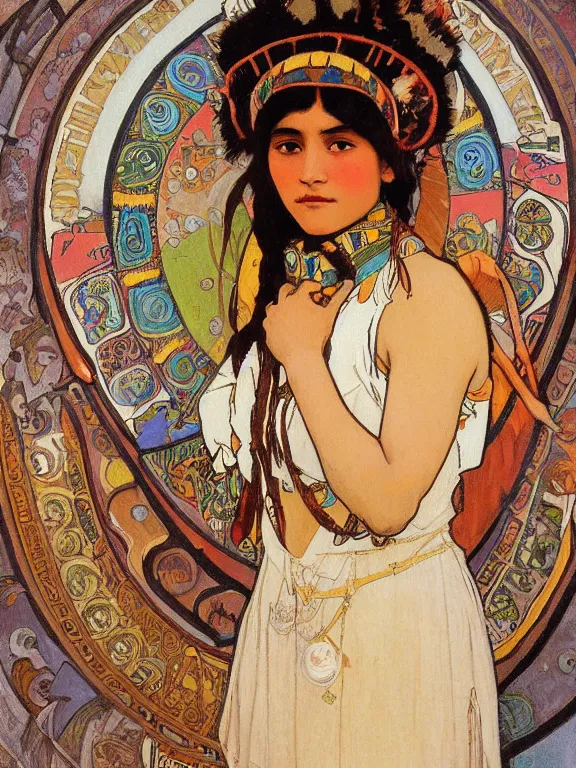 Prompt: an art nouveau painting of a pretty young native mayan woman dressed in a traditional, modest coat of beads and feathers and an elaborate headdress, in front of an aztec calendar, by alphonse mucha and james gurney and john william waterhouse