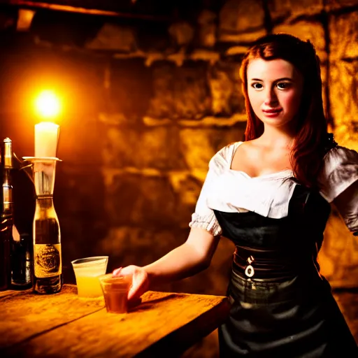 Image similar to young attractive beautiful bar maid in a medieval tavern at night, cinematic, filmic, studio lighting