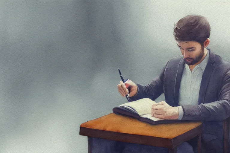 Image similar to a watercolor painting of a man writing in a large leather notebook in a foggy room by jama jurabaev, cinematic shot, trending on artstation, high quality, ultra realistic