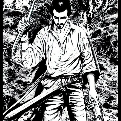 Image similar to pen and ink!!!! attractive 22 year old Frank Zappa x Ryan Gosling golden Vagabond magic swordsman glides through a beautiful battlefield magic the gathering dramatic esoteric!!!!!! pen and ink!!!!! illustrated in high detail!!!!!!!! by Hiroya Oku!!!!! Written by Wes Anderson graphic novel published on shonen jump 2049 award winning!!!!