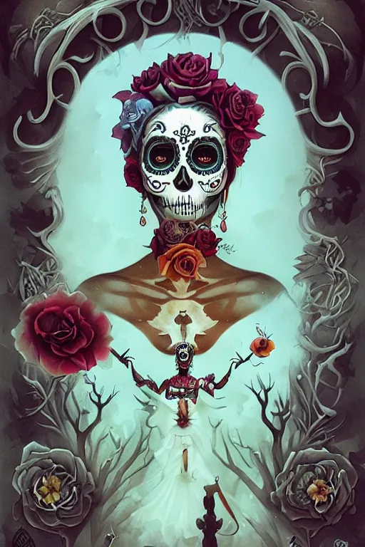 Prompt: illustration of a sugar skull day of the dead girl, art by peter mohrbacher