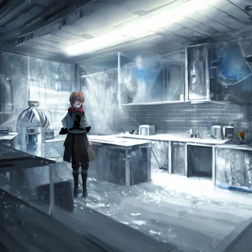 Prompt: interior of the frozen meth lab, anime fantasy illustration by tomoyuki yamasaki, kyoto studio, madhouse, ufotable, square enix, cinematic lighting, trending on artstation