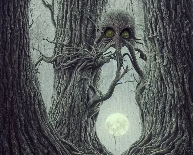 Prompt: a talking oak tree, huge face in the bark, eyes in the bark, mouth in the bark, horror concept art, sharp teeth, digital painting, oil painting, hyperrealistic, treebeard, ent, undead, fantasy monster, moonlight, in the forest, by alan lee, by artgerm