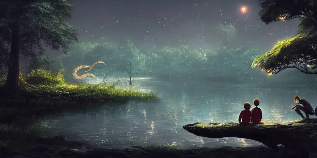 Image similar to a silver dragon and a boy sitting next to lake in forest, many fireflys, at night, concept art, dof, cryengine, digital art, detailed background, makoto shinkai