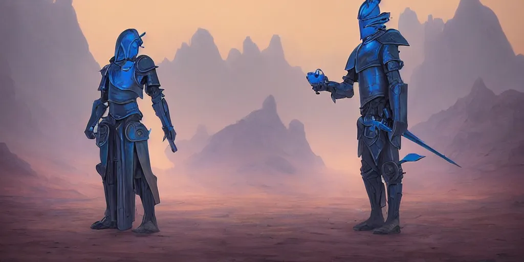 Prompt: blue knight in desert standing next to car, misty blue hour, sci fi digital painting, unreal engine 5, photorealism, hd quality, 8 k resolution, cinema 4 d, 3 d, cinematic, professional photography, art by artgerm and greg rutkowski and alphonse mucha and loish and wlop