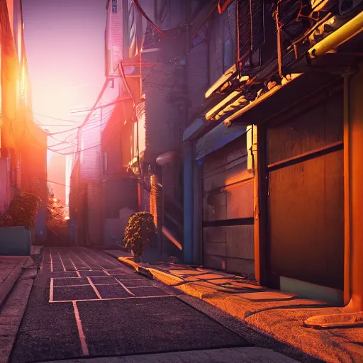 Prompt: ultradetailed 8 k hd octane render of a cyberpunk alleyway at sunset