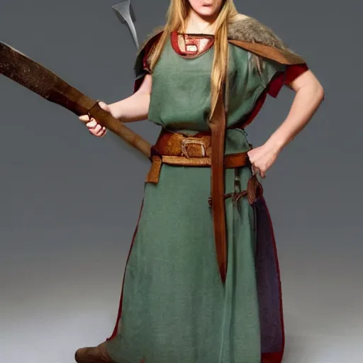 Image similar to an female viking wearing short sleeved robes holding an giant axe