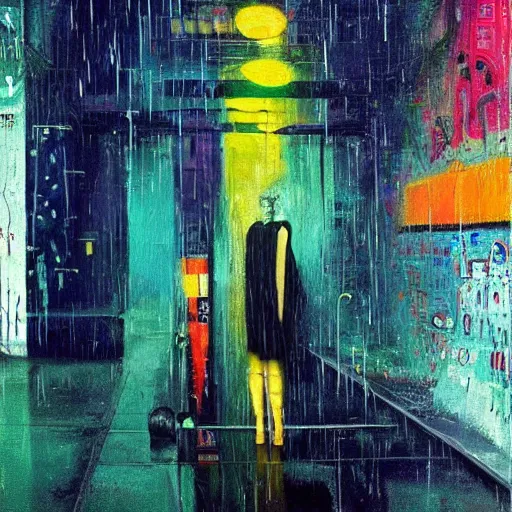 Image similar to rain like a dream, oil painting, cyberpunk, basquiat + francis bacon + gustav klimt + beeple, elevated street art, fantasy lut, textural, pink, blue, purple, green,