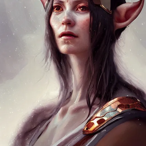 Image similar to A detailed oil portrait of an elf woman with small copper devil horns and copper scales covering her arm and neck wearing a simple white robe, by greg rutkowski, trending on artstation, dungeon and dragons art