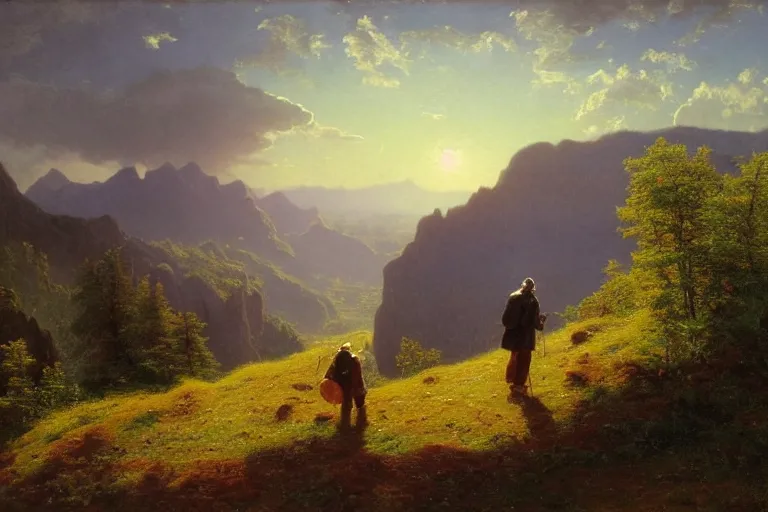 Image similar to a traveler wandering trough the mountains looking at the clouds, very detailed, focused, oil painting, cinematic lighting, albert bierstadt, trending on artstation, colorful, canvas, sunset, hans dahl, theodor kittelsen, hermann hendrich, national geographic, Konstantin Yakovlevich Kryzhitsky, beautiful nature