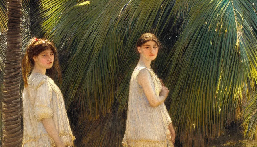 Image similar to a ultradetailed beautiful painting of a girl in the amazonas palace designed by jules bastien - lepage, hans belmer, frank weston and gustave baumann, beach, trending on artstation, mediterranean, palm trees, light sparkles, sharp focus, soft light, 8 k 4 k