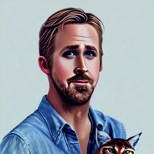 Prompt: Fullbody potrait of Ryan Gosling holding cute caracal, hyper realistic, prismatic highlights, atmosphere, gorgeous, depth of field, cinematic, macro, concept art, 50mm, artstation, wlop, elegant, epic, weta digital, focus, octane render, v-ray, 8k, kodak portra, art by Liberatore