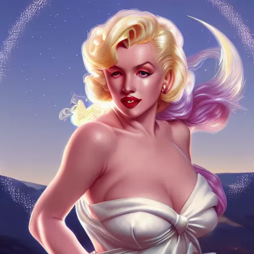 Image similar to Blonde Marilyn Monroe as Sailor Moon, western, D&D, fantasy, intricate, elegant, highly detailed, digital painting, artstation, concept art, matte, sharp focus, illustration, art by Artgerm and Greg Rutkowski and Alphonse Mucha