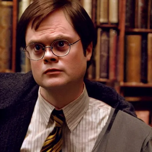 Image similar to dwight schrute playing harry potter in a harry potter movie